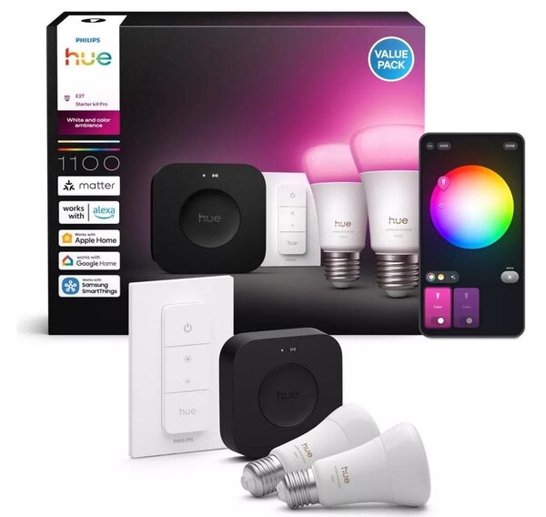 PH 8720169374683 Hue WCA 2 x smart žárovka A60 E27, 8,1W, 1100lm, 1000-20000K RGB, vypínač se stmívačem, bridge - PHILIPS