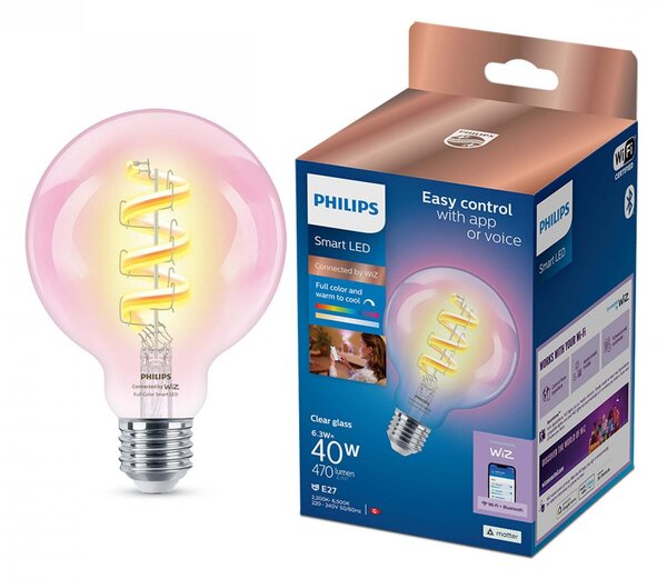 PH 8720169165793 WiZ Smart LED Žárovka s tradičním vzhledem, čirá, 40 W 470lm 2200-6500K (RGB) G95 E27 - PHILIPS