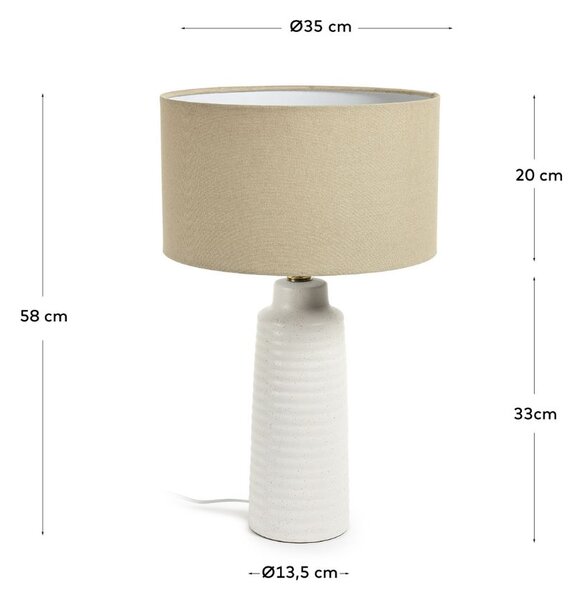 Bílá keramická stolní lampa Kave Home Mijal se lněným stínidlem
