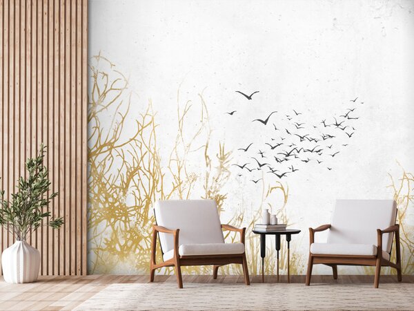 Fototapeta Odletující ptáci - minimalistický motiv s motivem zlatých rostlin