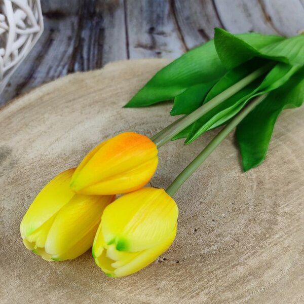 Umělé tulipány latexové žluté, 39 cm- svazek 3 ks