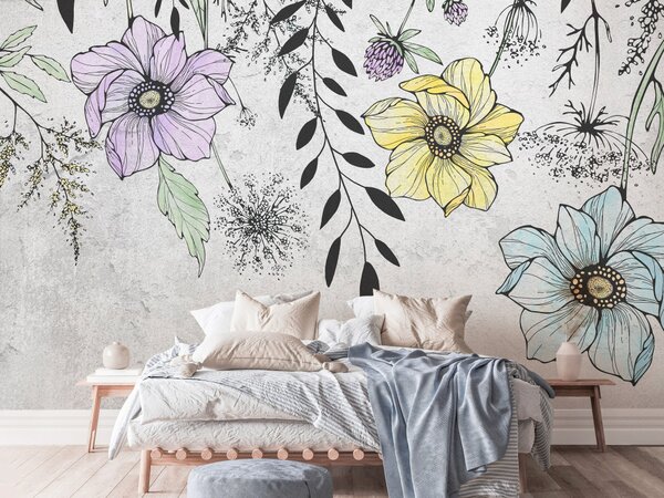 Fototapeta Grafická louka - motiv polních květů v lineárním stylu na šedém pozadí