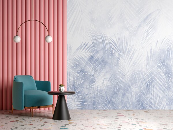 Fototapeta Prolínající se listy palmy - rostlinný motiv v modrém odstínu