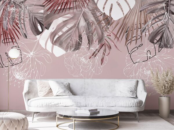 Fototapeta Elegantní příroda - exotický motiv rostlin v husté růžové kompozici