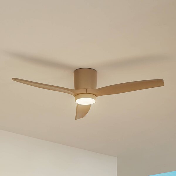 Lucande LED stropní ventilátor Sorin, béžový, DC, tichý, IP44, Krémová / jantar, Obývací pokoj / jídelna, kov, Moderní