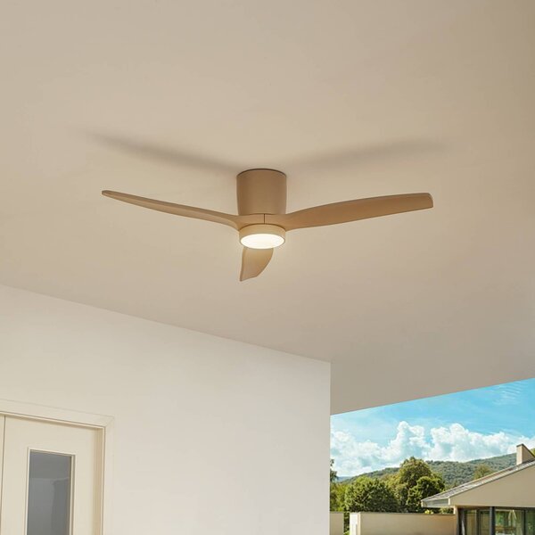 Lucande LED stropní ventilátor Sorin, béžový, DC, tichý, IP44, Krémová / jantar, Obývací pokoj / jídelna, kov, Moderní