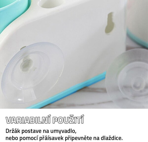 Nástěnný držák zubních kartáčků s dávkovačem pasty a přísavkami