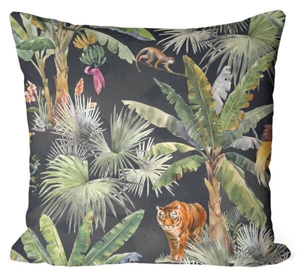 Polštář z mikrovlákna V džungli - kompozice s palmami, tygrem a opicí na tmavém pozadí
