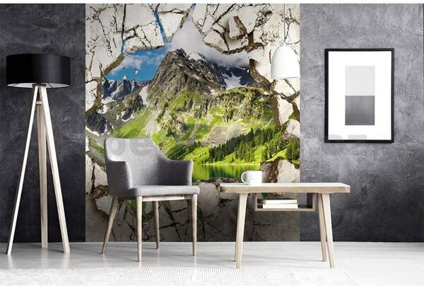 Vliesové fototapety, rozměr 225 cm x 250 cm, rozbitá stěna s výhledem na jezero, DIMEX MS-3-0071