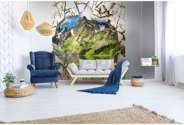Vliesové fototapety, rozměr 225 cm x 250 cm, rozbitá stěna s výhledem na jezero, DIMEX MS-3-0071