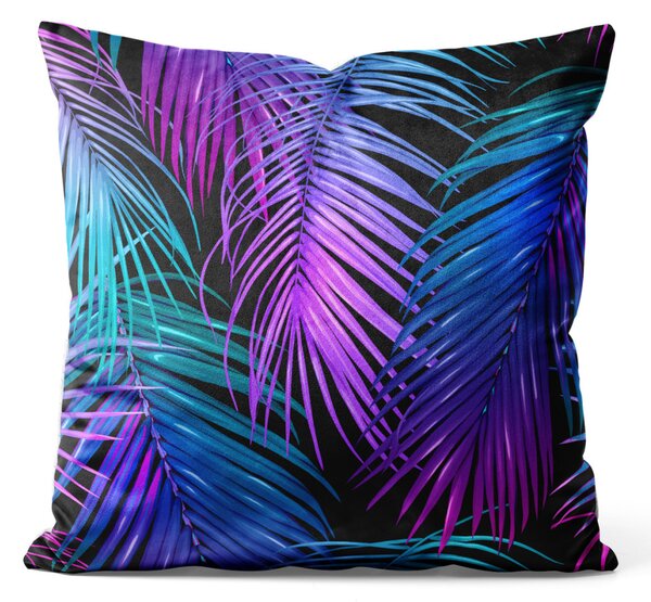 Dekorační velurový polštář Neonové palmy - rostlinný motiv v odstínech tyrkysové a fialové welurowá