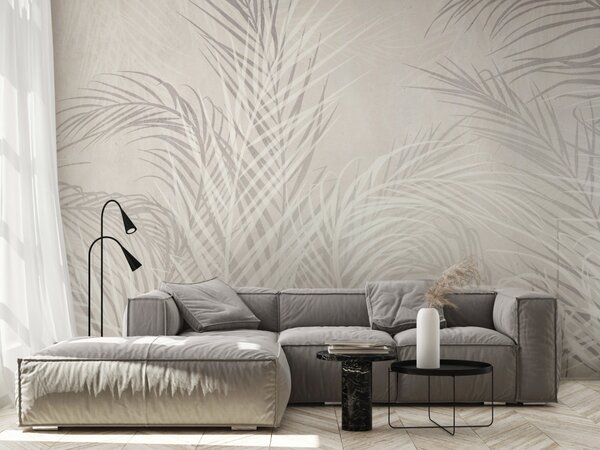 Fototapeta Palmy ve větru - šedé a bílé větve s listy na světlém pozadí