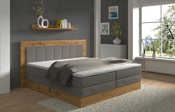 Postel Boxspring Marc 180x200, šedá,dub vč. matrace a topperu