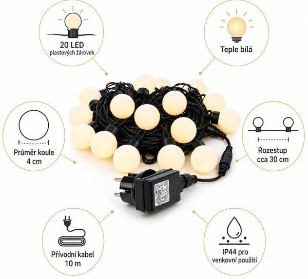 Zahradní párty osvětlení s 20 LED světly, 16 m, teplá bílá