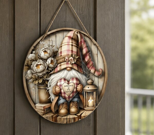 Dekorace na zeď, dřevo, 20x20 cm, Boho styl s trpaslíkem, Dekorino DZ20260008