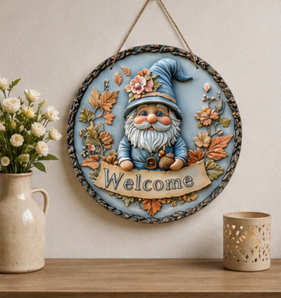 Dekorace na zeď, dřevo, 20x20 cm, Boho styl s trpaslíkem, Dekorino DZ20260009