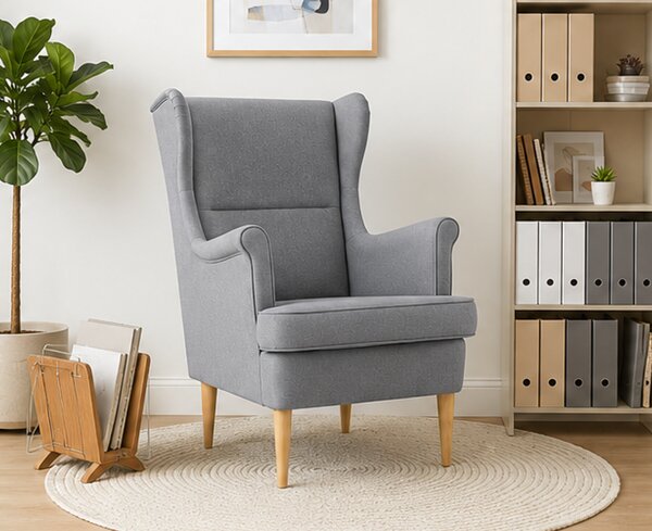 Relaxační křeslo, ušák, dřevo/kov/textil, 102x80x66 cm, nohy světlé/šedá, Dekorino MALENA