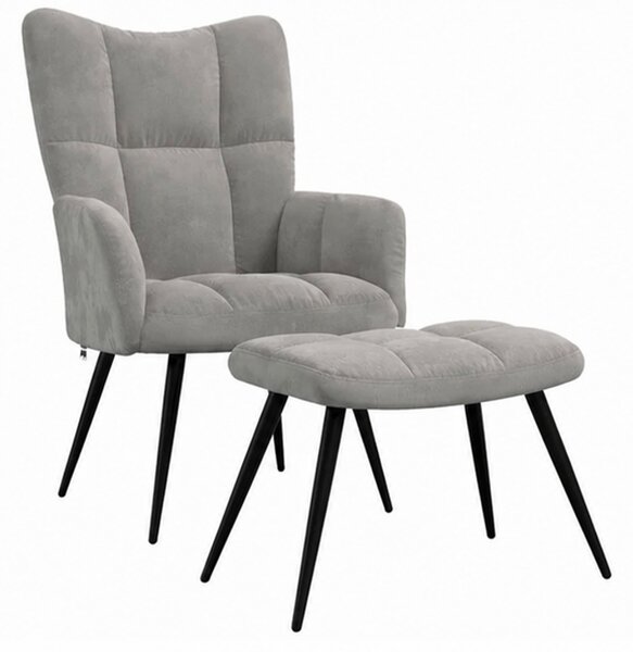 Křeslo relaxační, s podnožkou, odpočinkové, ušák, kov/samet, 98x63x69 cm, černá/světle šedá, Dekorino KR20260015