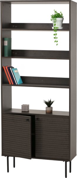 Knihovna HWC-N78, vysoká knihovna, skandinávský styl kov dřevo melamin MVG 200x80x30cm tmav hndá
