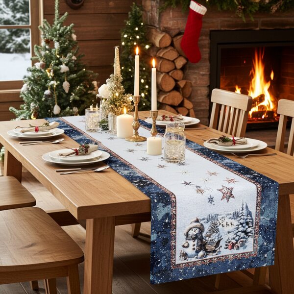 Luxusní vánoční gobelínový běhoun na stůl s lurexem – Magický Santa a sněhové vločky Barva Vícebarevná Rozměry 45x90 cm