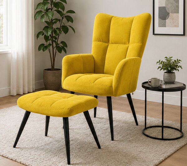 Křeslo relaxační, s podnožkou, odpočinkové, ušák, kov/samet, 98x63x69 cm, černá/hořčicově žlutá, Dekorino KR20260019