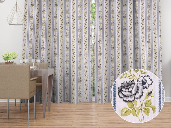 Biante Bavlněný závěs Sandra SA-348 Šedé popínavé květy a modré pruhy 130x140 cm