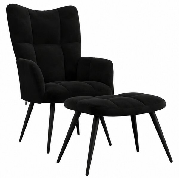 Křeslo relaxační, s podnožkou, odpočinkové, ušák, kov/samet, 98x63x69 cm, černá/černá, Dekorino KR20260018