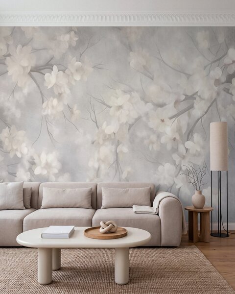 Fototapety Bílé třešňové květy na tenkých větvičkách, rozmazané, světle šedé pozadí,, Fototapety les, Fototapety stromy, w10012 : uwalls.cz