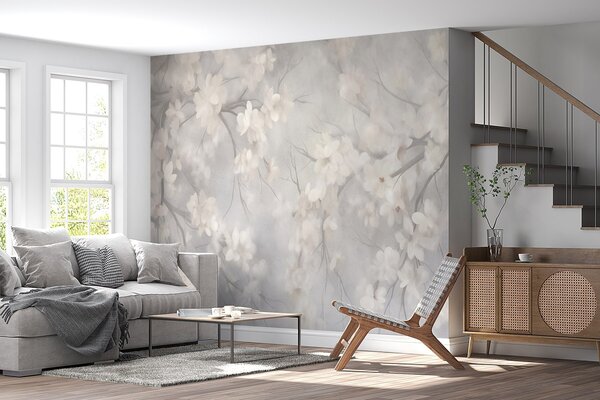 Fototapety Bílé třešňové květy na tenkých větvičkách, rozmazané, světle šedé pozadí,, Fototapety les, Fototapety stromy, w10012 : uwalls.cz