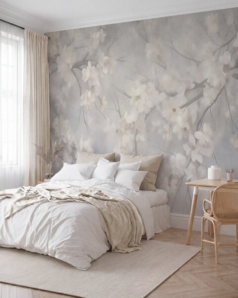 Fototapety Bílé třešňové květy na tenkých větvičkách, rozmazané, světle šedé pozadí,, Fototapety les, Fototapety stromy, w10012 : uwalls.cz