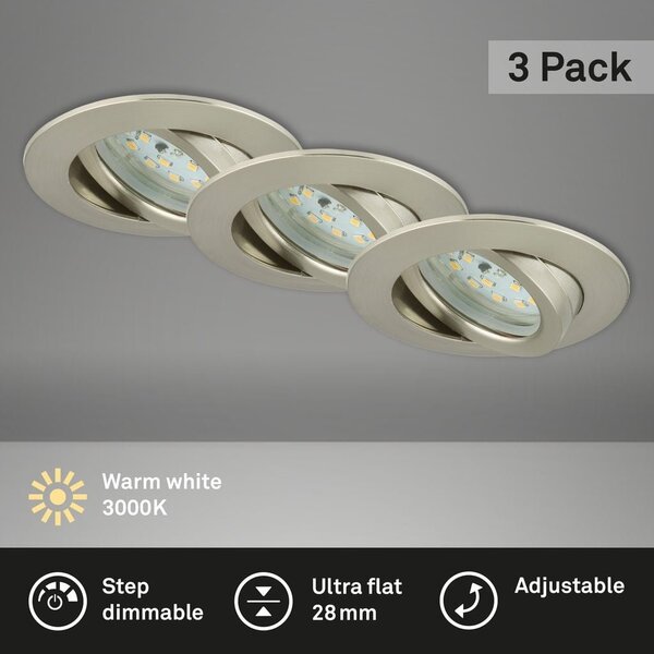 BRI 7296032 3ks sada LED vestavné svítidlo, pr. 8,2 cm, 6,5 W, matný nikl (starý kód: BRI 7296-032) - BRILONER
