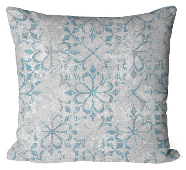 Polštář z mikrovlákna Květinový ornament - modrý vzor na texturovaném šedém pozadí