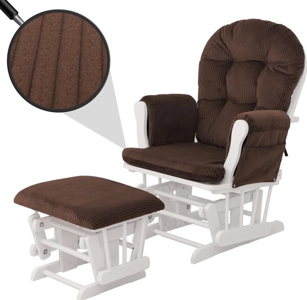 Relaxaní křeslo HWC-C76, houpací křeslo houpací křeslo s taburetem tkanina kord 320g/m² Oeko-Tex hndý rám bílý