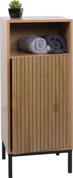 Komoda HWC-O42, koupelnová komoda Skíka do koupelny s 1 dvíky, 3 pihrádky, MDF melamin 98x39x30cm pírodní devný efekt