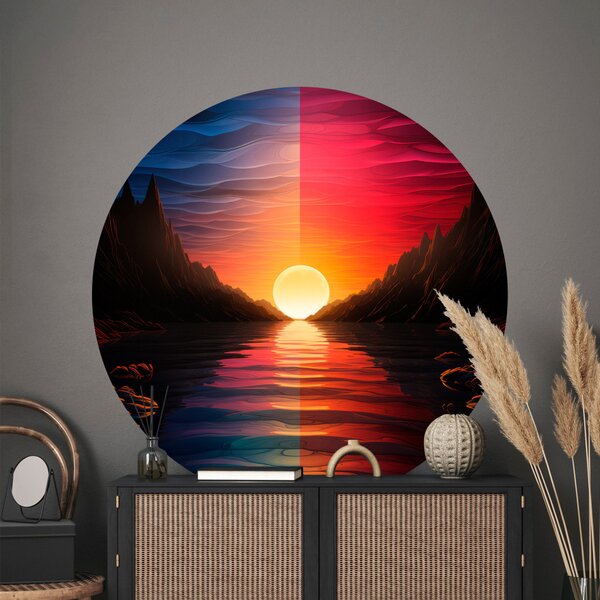 Kulatá fototapeta Oranžový západ slunce - slunce zapadající za horskou řekou