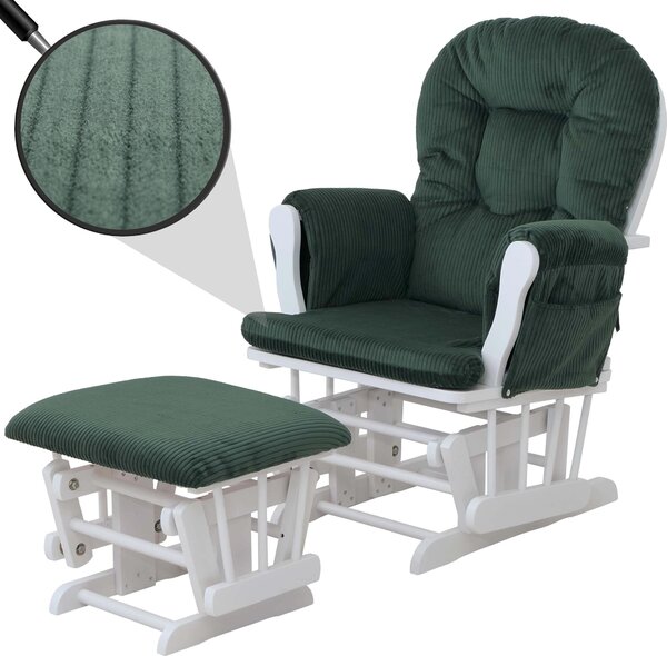 Relaxaní křeslo HWC-C76, houpací křeslo houpací křeslo s taburetem tkanina kord 320g/m² Oeko-Tex zelený rám bílý