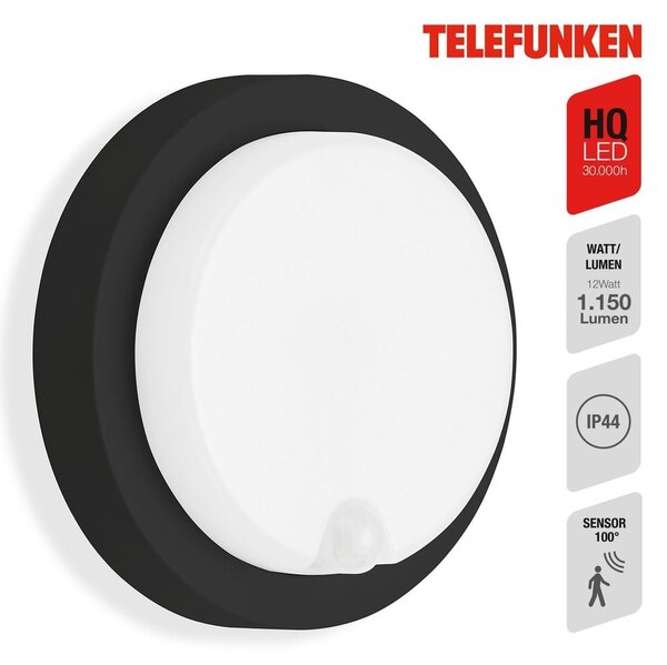 TF 315305TF TELEFUNKEN LED venkovní nástěnné svítidlo s čidlem, pr. 17 cm, 12 W, černá - BRILONER