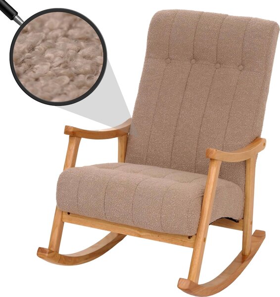 Houpací křeslo HWC-K10, polohovatelné, dřevo tkanina/textil bouclé (450g/m²) taupe, pírodní rám