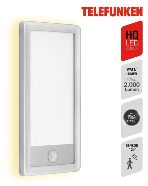 TF 313904TF TELEFUNKEN LED venkovní nástěnné svítidlo s čidlem, 28 cm, 16 W, stříbrná - BRILONER
