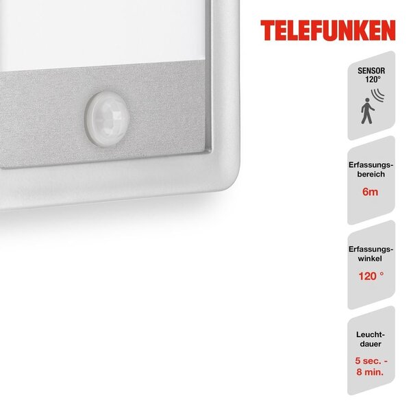 TF 313904TF TELEFUNKEN LED venkovní nástěnné svítidlo s čidlem, 28 cm, 16 W, stříbrná - BRILONER