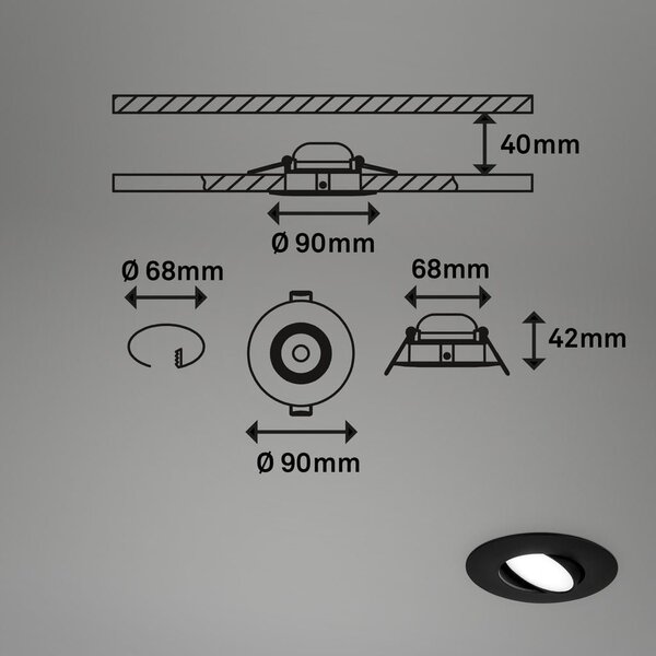 BRI 7597035 3ks sada LED vestavné svítidlo, 9 cm, 4,9W, 480lm černá - BRILONER