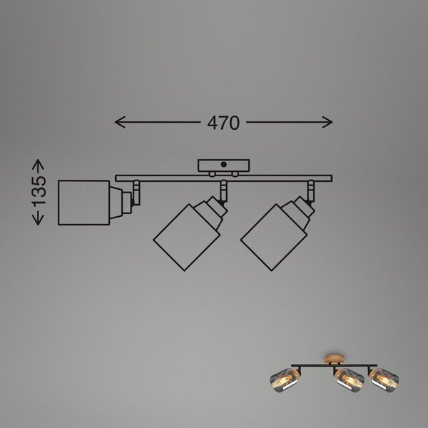BRILO 2485035 Briloner Hema stropní bodové svítidlo, kouřové sklo, nastavitelné, 3-ramenné, dřevěná základna - BRILONER
