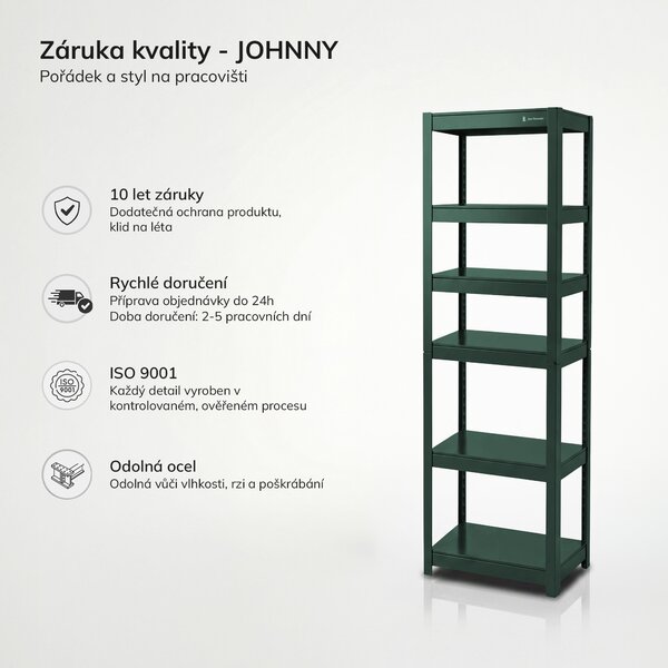 Kovový úzký regál zelený: JOHNNY, 1800 x 450 x 420 mm