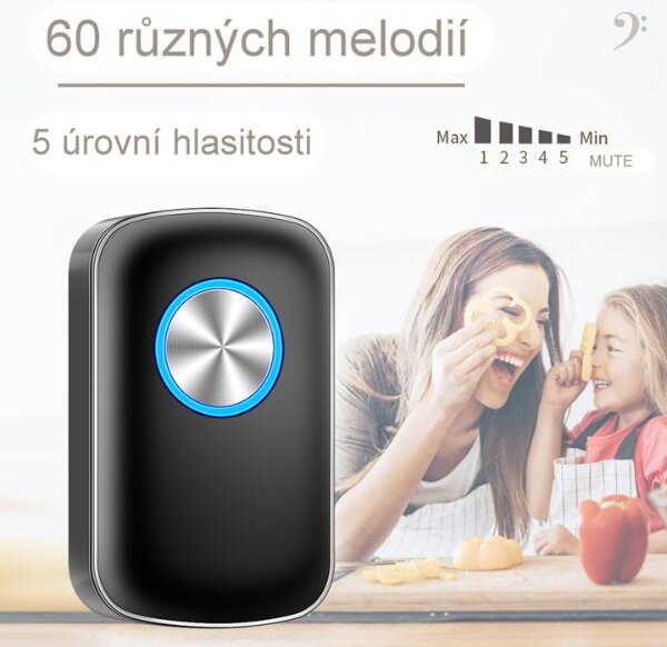 Domovní bezdrátový zvonek CACAZI FA28 - sada 1 bezbateriové tlačítko a 1 přijímač, černý