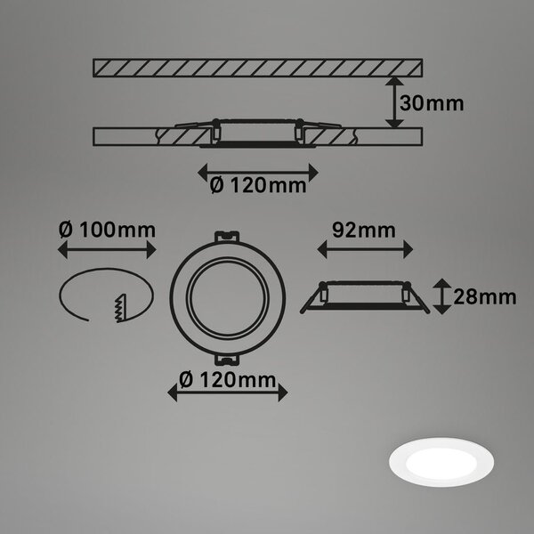 BRI 7993036 3ks sada LED vestavné bodové svítidlo – pr.120mm, ploché, 6W, 230V, neutrální bílá, bílé - BRILONER