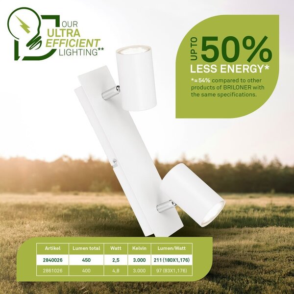 BRILO 2840026 Isil A LED stropní bodové svítidlo, třída A, 2-ramenné, 50.000h, nastavitelné, bílé - BRILO