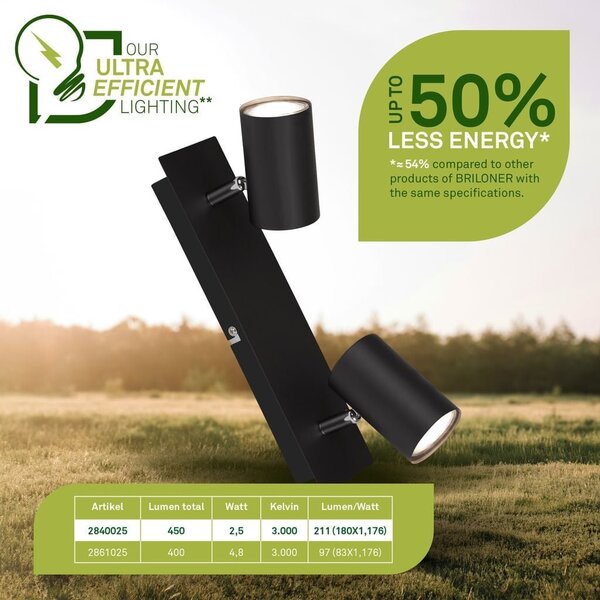 BRILO 2840025 Isil A LED stropní bodové svítidlo, třída A, 2-ramenné, 50.000h, nastavitelné, černá - BRILO