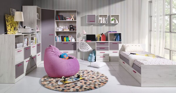 Luxusní studentský pokoj REST sestava 7 (postel pro matraci 90x200cm) Matrace: bez matrace +0Kč, Barva rukojeti: Růžová, Barva TABURETU: Růžová