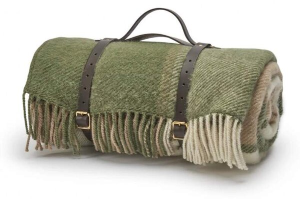 Pikniková vlněná deka Polo Block Check Olive, kožené popruhy, 183x150 cm Tweedmill