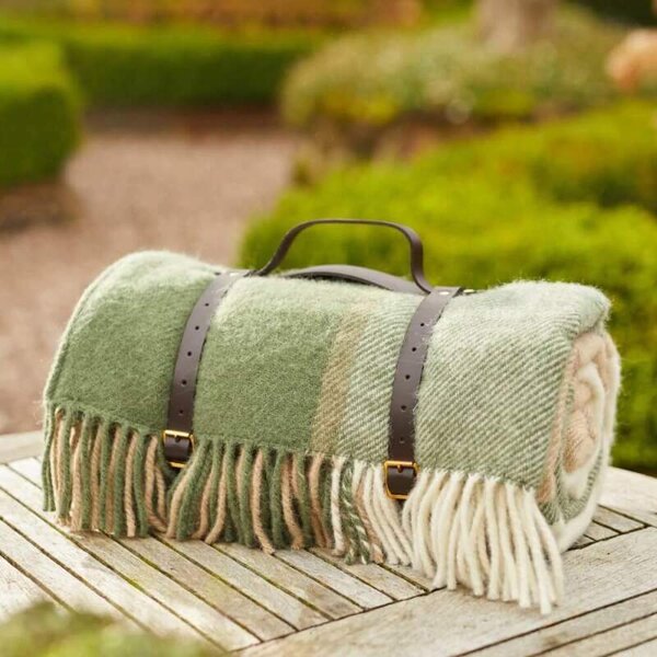 Pikniková vlněná deka Polo Block Check Olive, kožené popruhy, 183x150 cm Tweedmill